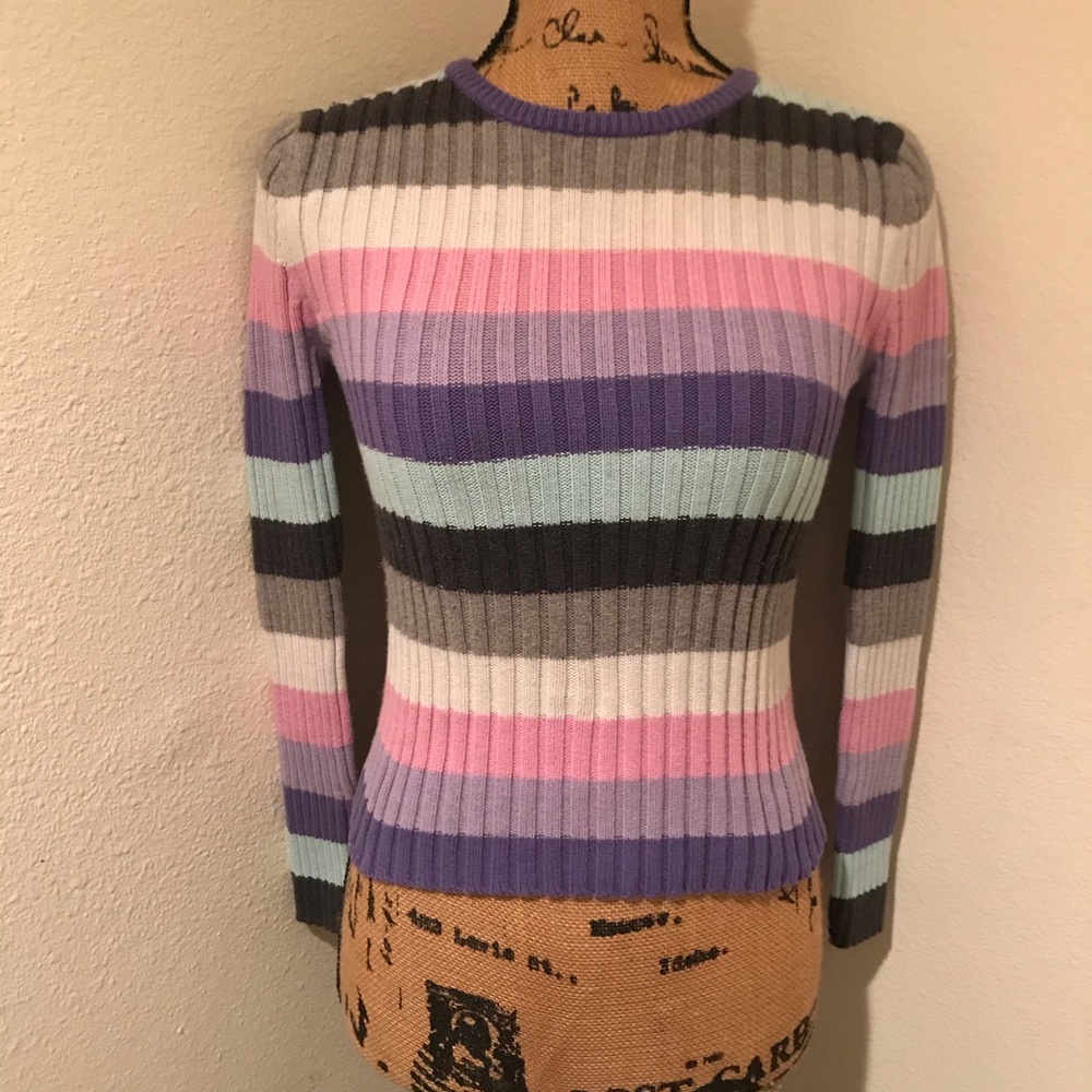 No Boundaries Striped Ribbed Long Sleeve Crew Neck Sweater- S